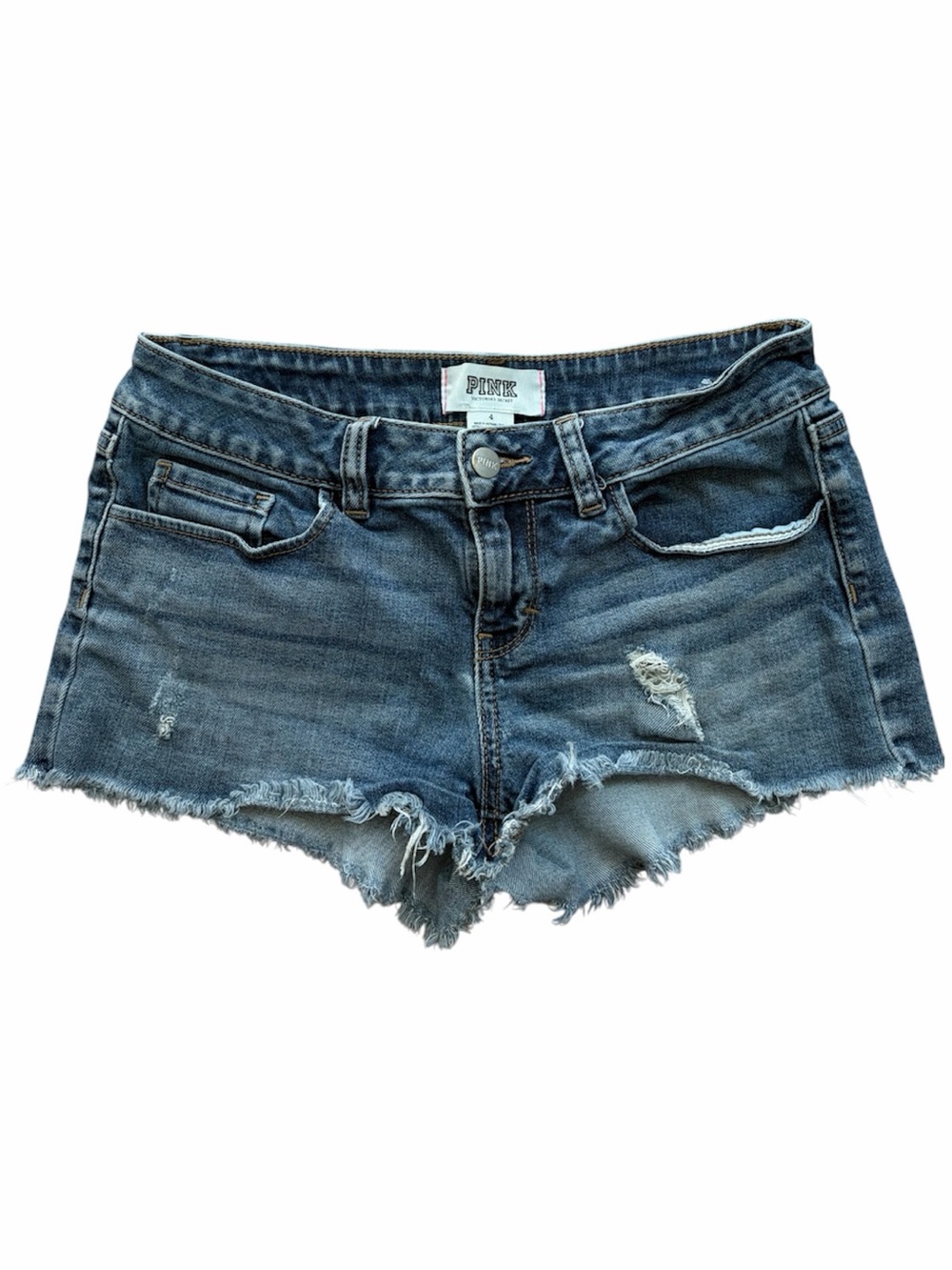 PINK Victoria’s Secret Y2K Distressed Low Rise Denim Shorts Frayed Raw Hem Blue